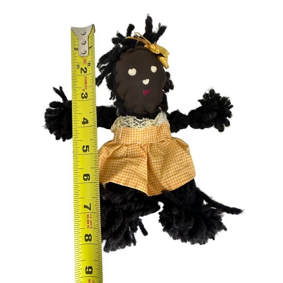 Handmade Vintage Yarn Rag Doll With Yellow Gingham Skirt & Bow 8 Inches Tall Sof - Picture 3 of 6